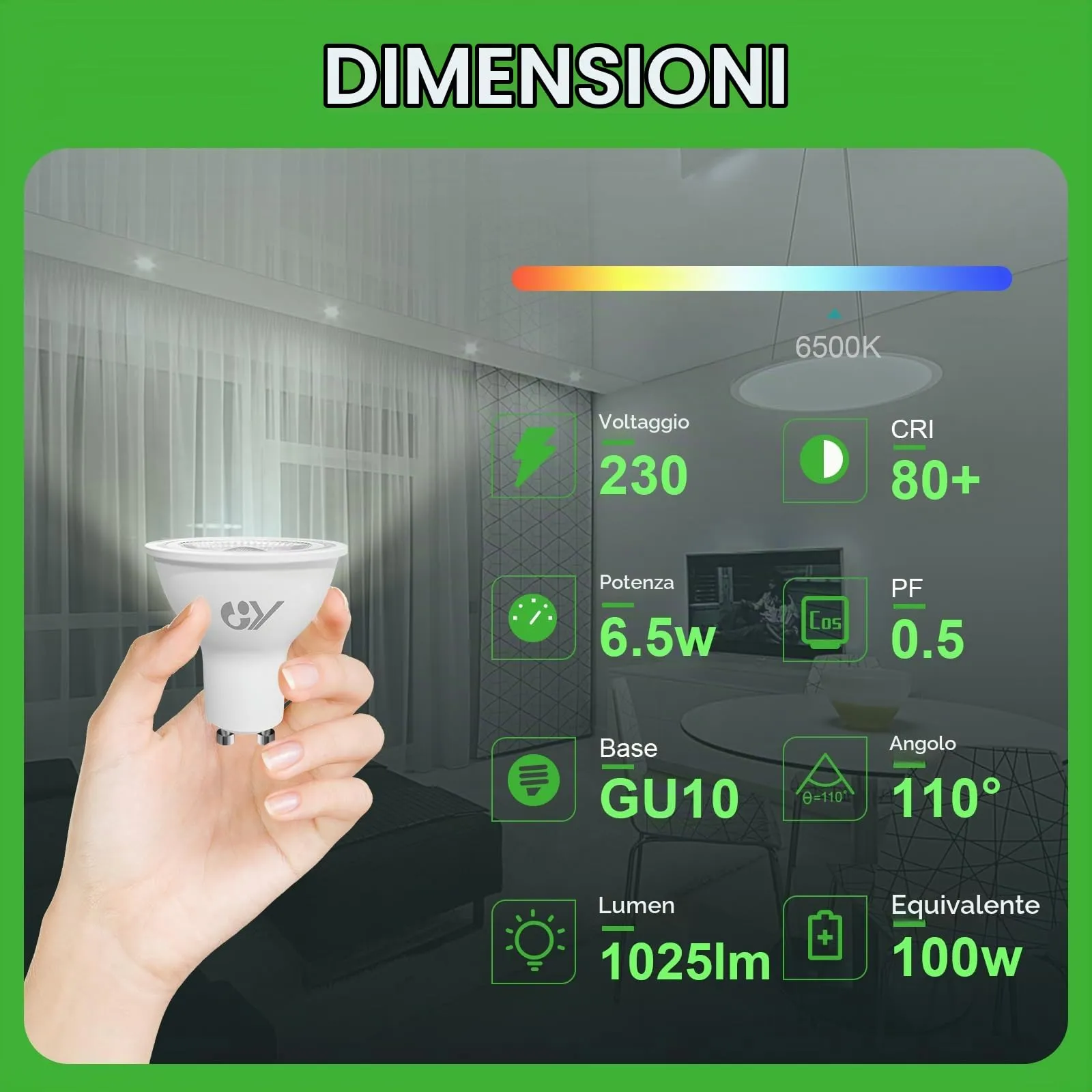 GY Lampadine GU10 LED, 6.5W, 1025 Lumen, 6500K Bianco Freddo, Non Dimmerabile, 5 pezzi - immagine 2