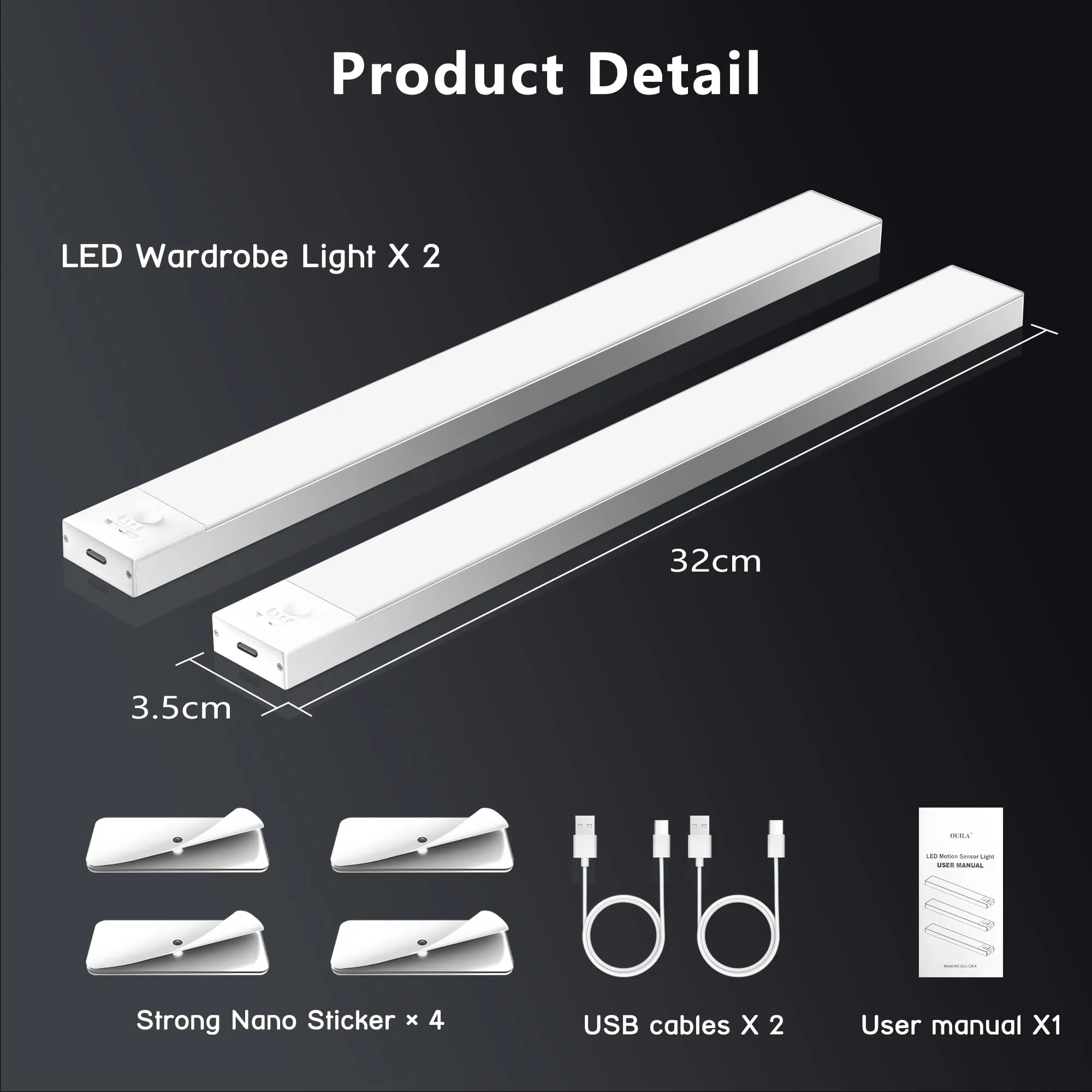 OUILA Luce Armadio LED con Sensore di Movimento, 32cm x 2 Pezzi, GLS-C004 - immagine 7