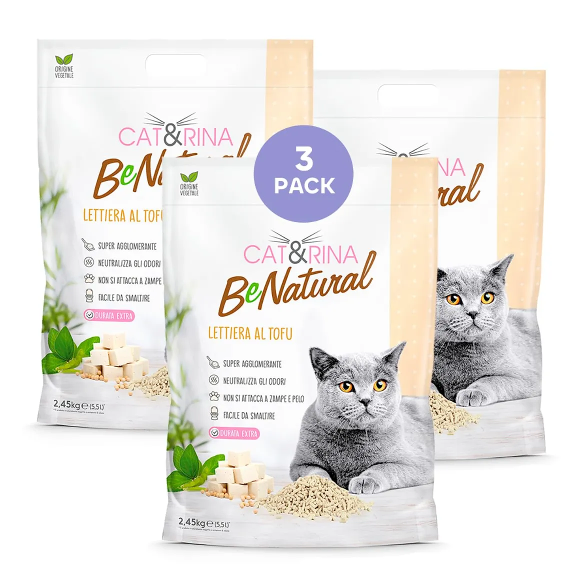Cat&Rina BeNatural Lettiera per Gatti al Tofu 5,5L, 3 pezzi - immagine 1