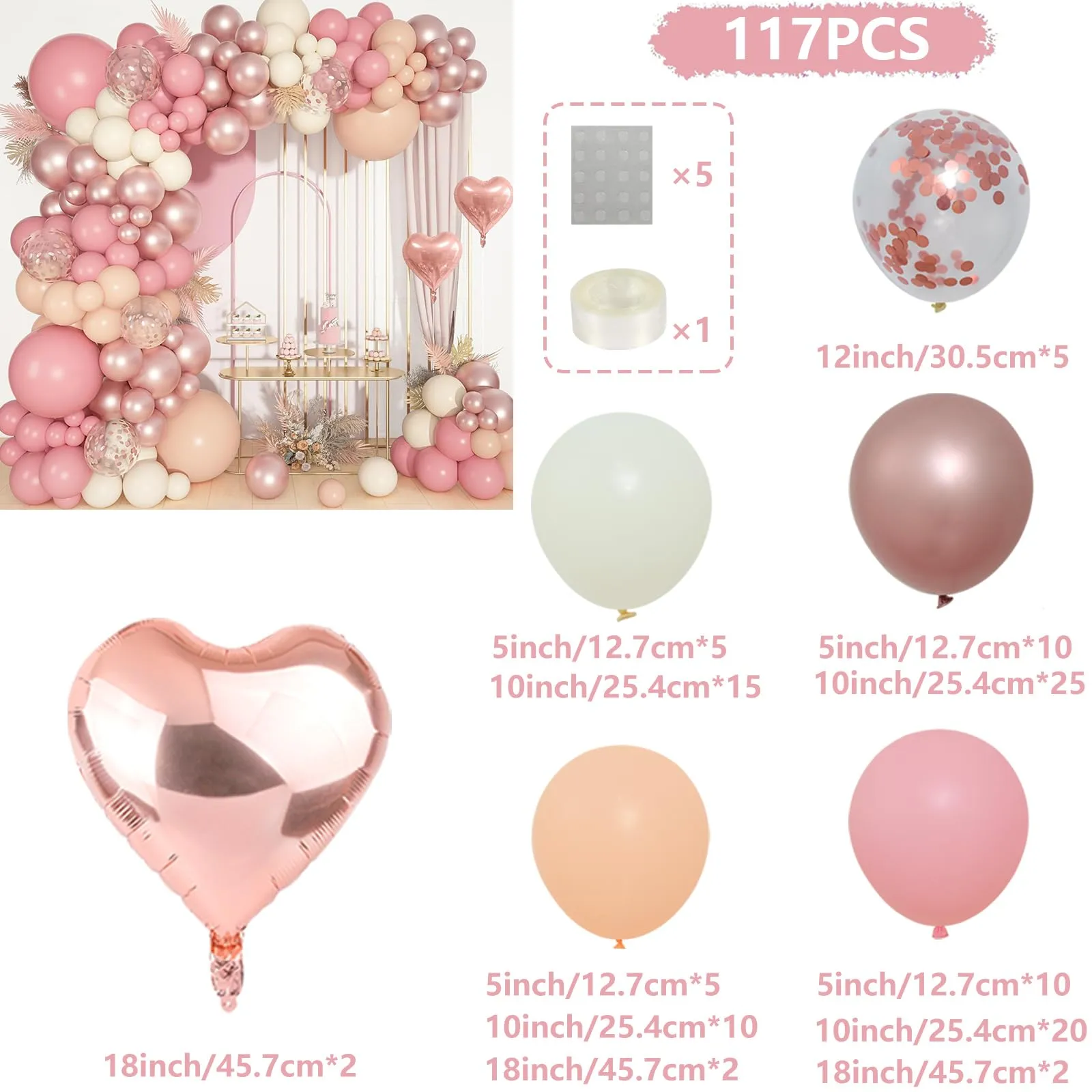 Balloon Garland Kit Arco di Palloncini Oro Rosa, 117 pezzi Ghirlanda Rosa Retrò, Oro Rosa e Bianco - immagine 3