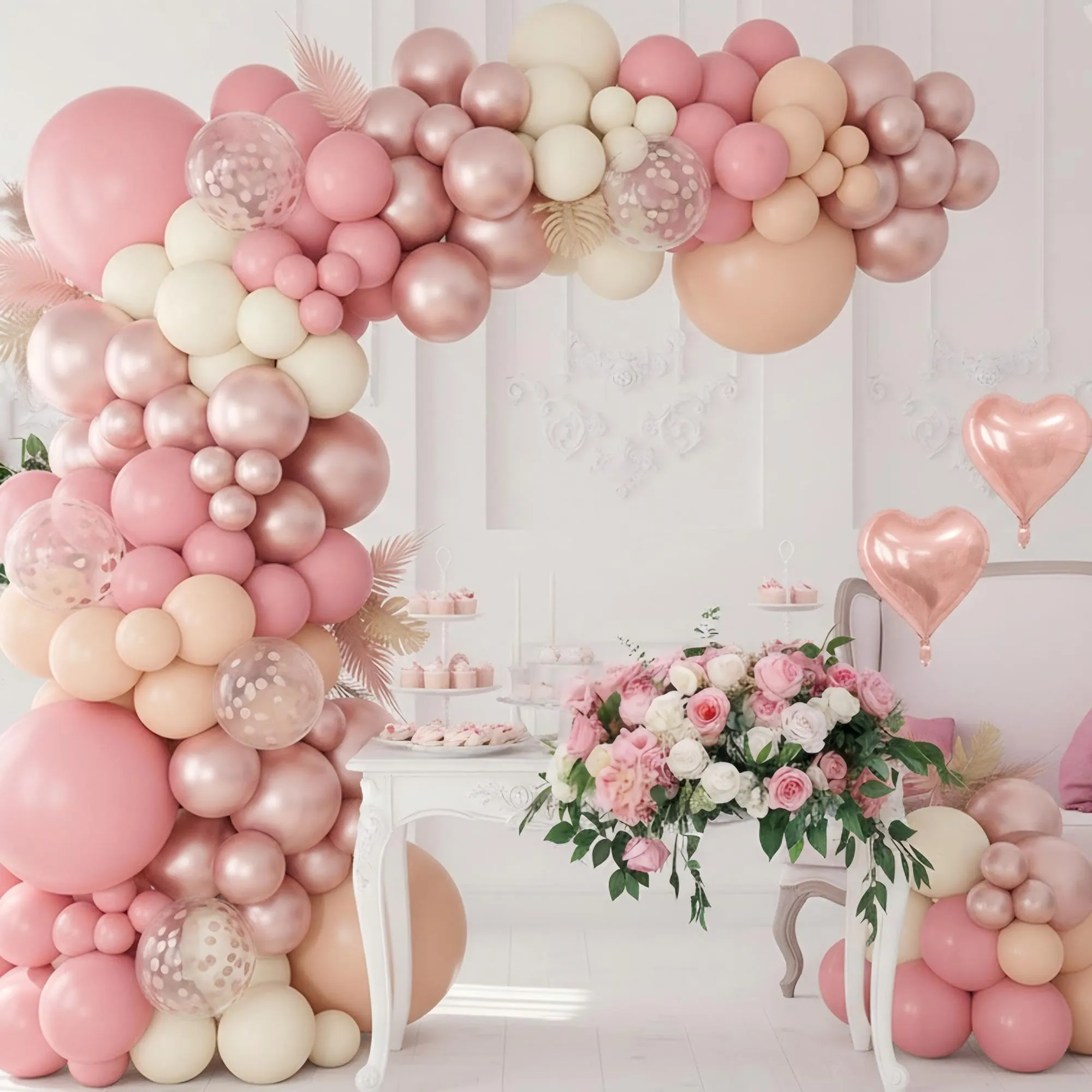 Balloon Garland Kit Arco di Palloncini Oro Rosa, 117 pezzi Ghirlanda Rosa Retrò, Oro Rosa e Bianco - immagine 9