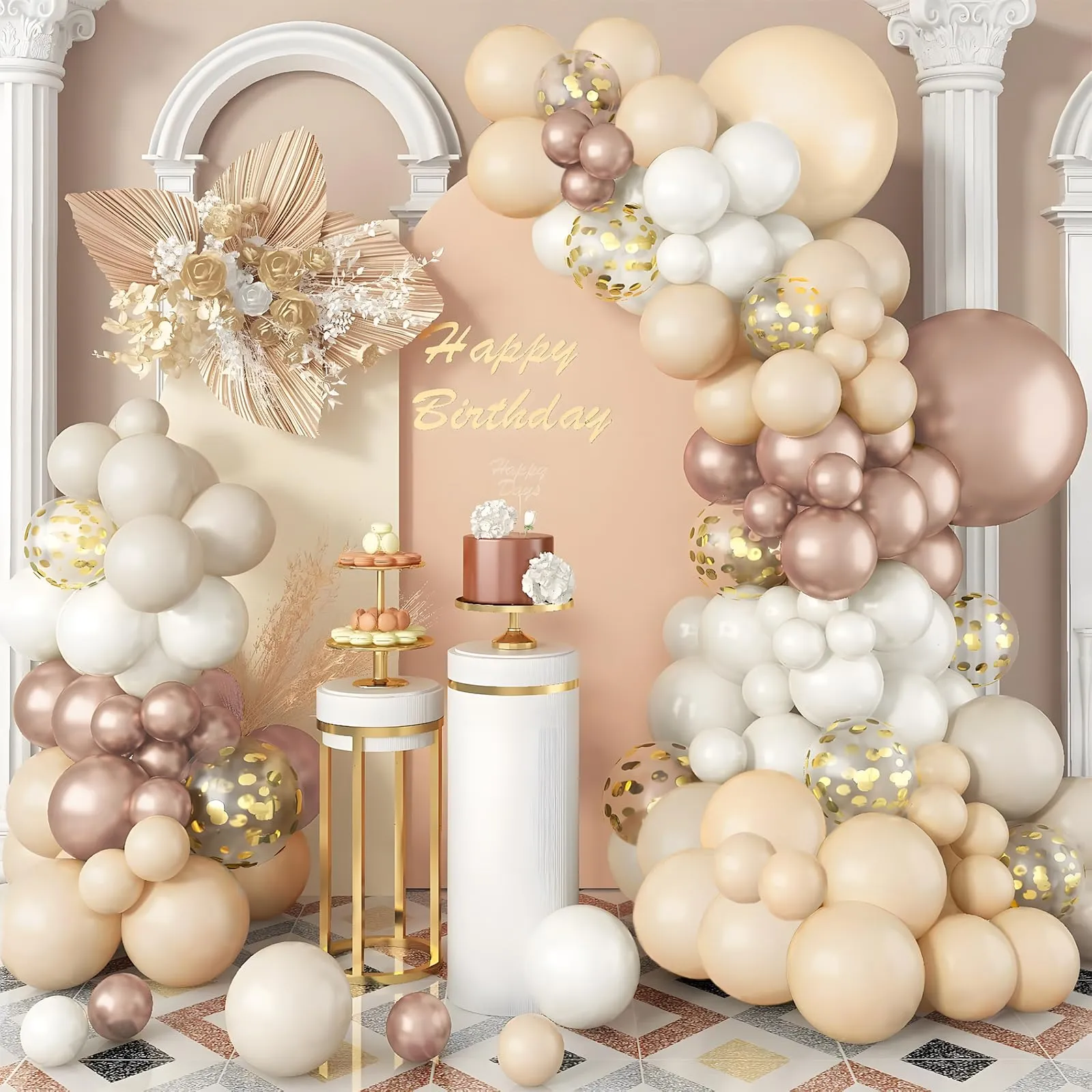 Balloon Garland Ghirlanda di Palloncini Beige, Champagne, Oro e Bianco Sabbia, 108 Pezzi con Coriandoli Dorati - immagine 1