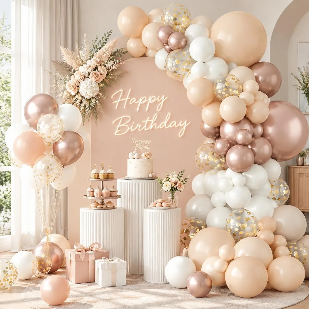 Balloon Garland Ghirlanda di Palloncini Beige, Champagne, Oro e Bianco Sabbia, 108 Pezzi con Coriandoli Dorati - immagine 3