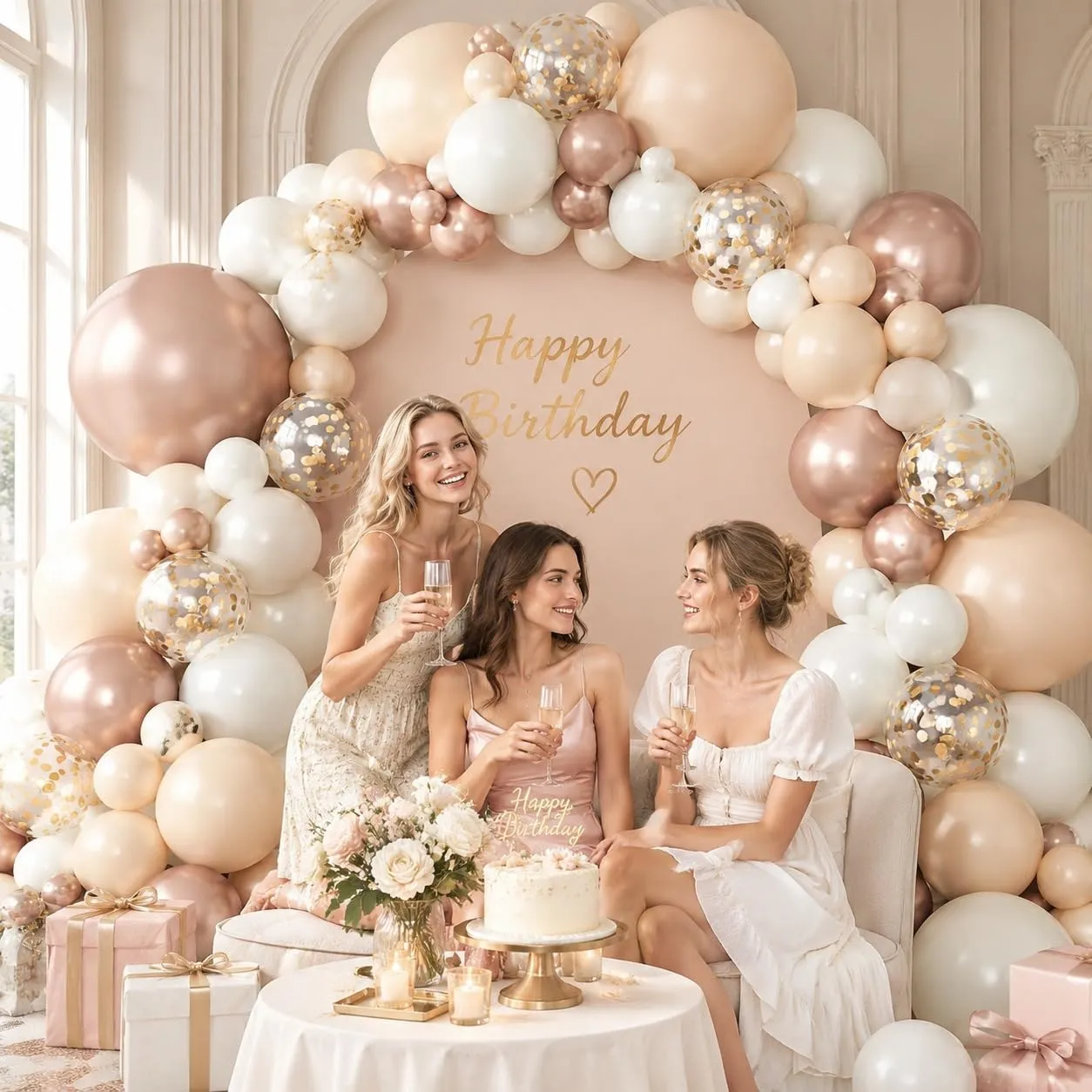 Balloon Garland Ghirlanda di Palloncini Beige, Champagne, Oro e Bianco Sabbia, 108 Pezzi con Coriandoli Dorati - immagine 5
