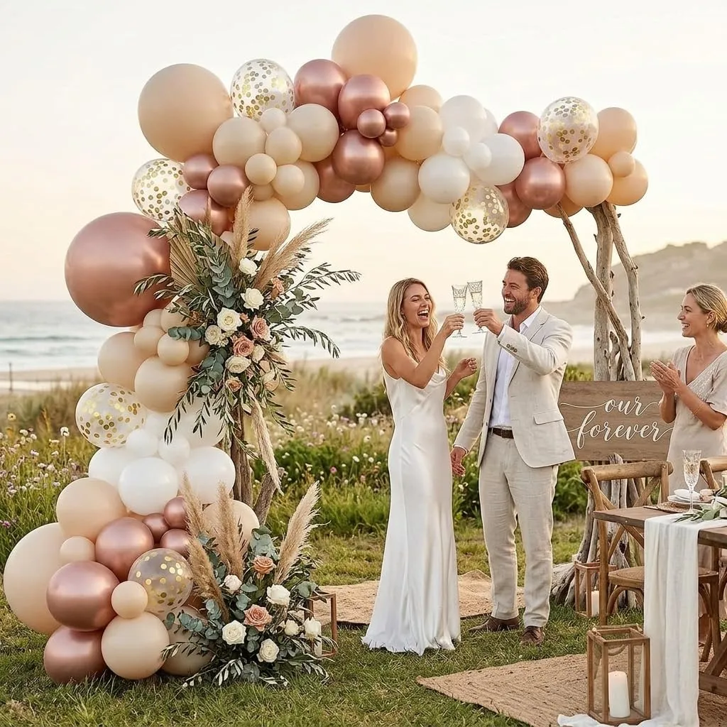 Balloon Garland Ghirlanda di Palloncini Beige, Champagne, Oro e Bianco Sabbia, 108 Pezzi con Coriandoli Dorati - immagine 6