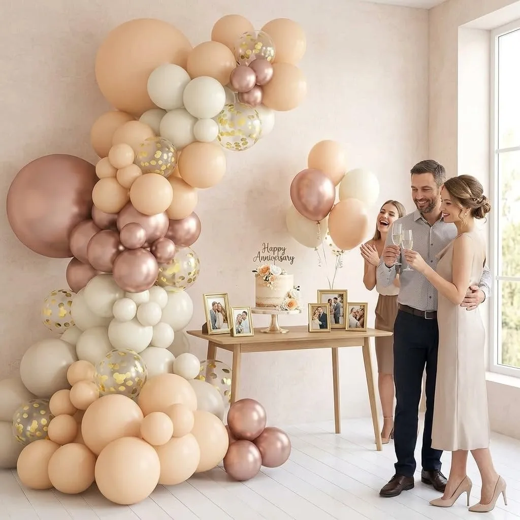 Balloon Garland Ghirlanda di Palloncini Beige, Champagne, Oro e Bianco Sabbia, 108 Pezzi con Coriandoli Dorati - immagine 7