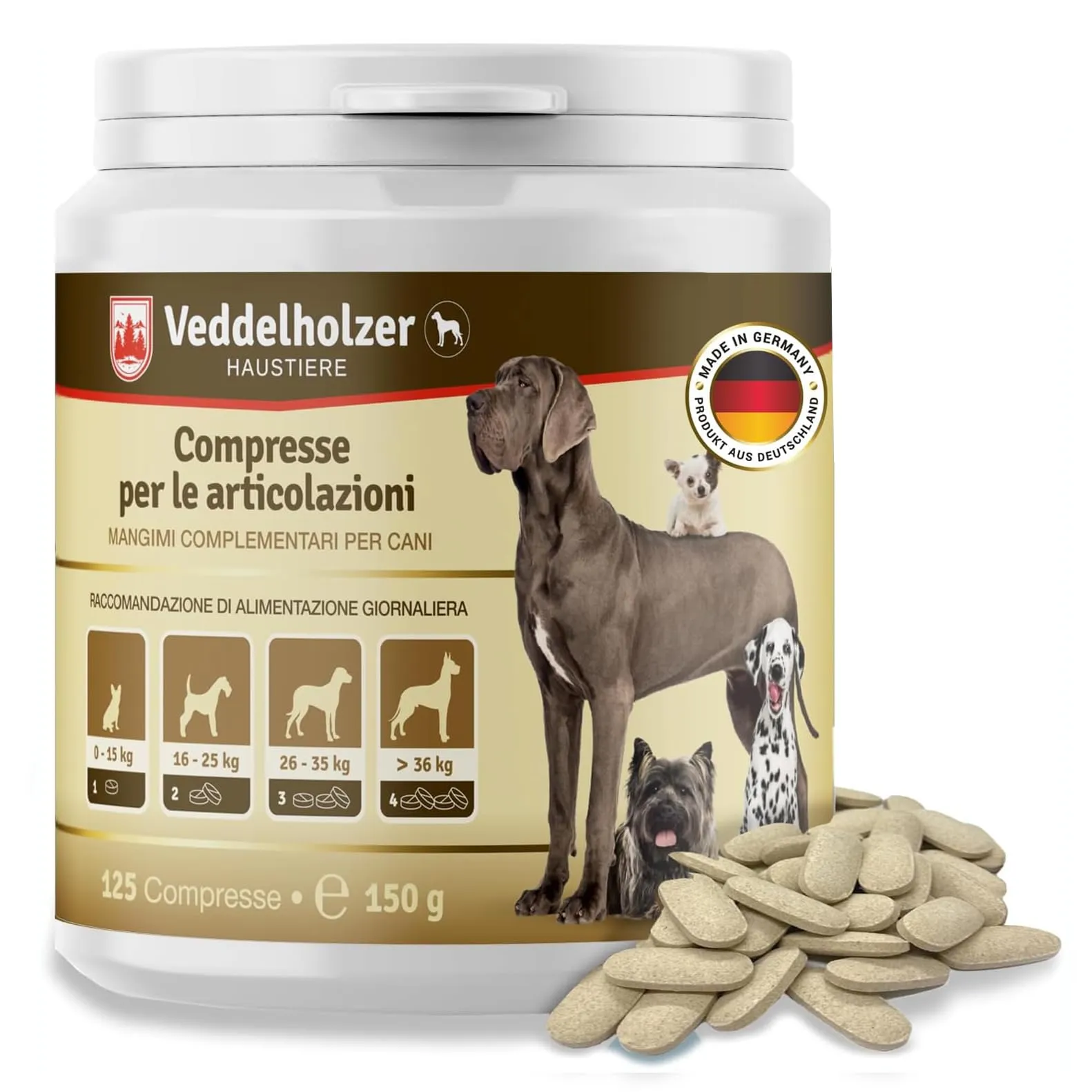 Veddelholzer Integratori per articolazioni cani con cozza dalle labbra verdi, MSM, artiglio del diavolo, glucosamina e collagene, 125 Unità - immagine 1