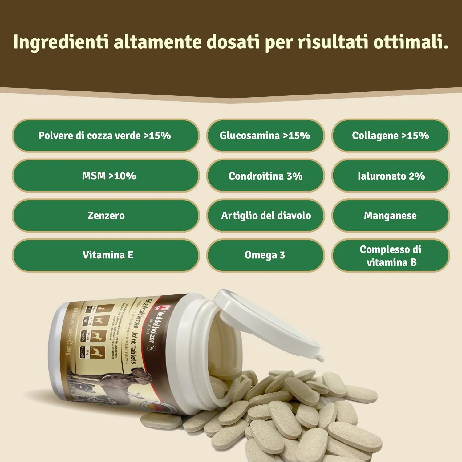 Veddelholzer Integratori per articolazioni cani con cozza dalle labbra verdi, MSM, artiglio del diavolo, glucosamina e collagene, 125 Unità - immagine 2