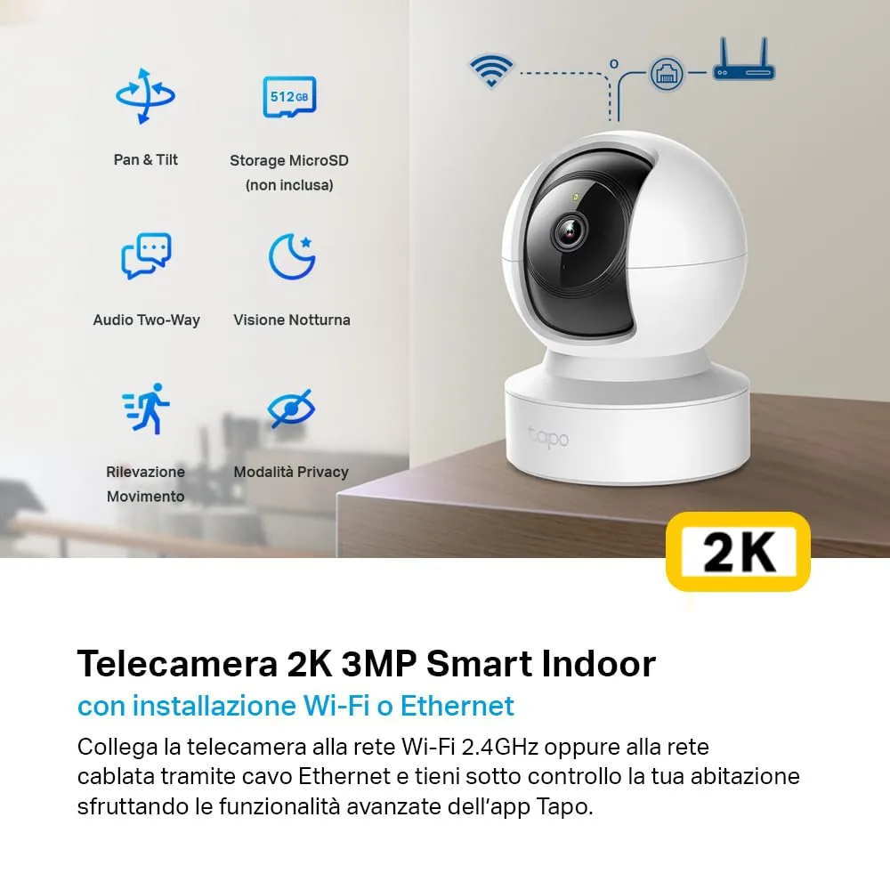 Tapo C212 2K 3MP Telecamera WiFi Interno Videocamera Sorveglianza 360° PTZ - immagine 2