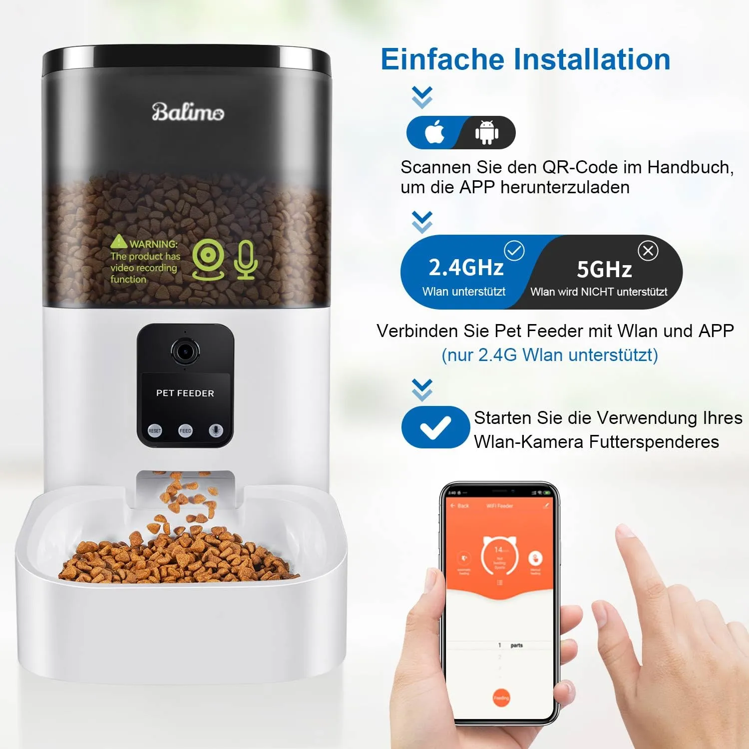 Balimo Distributore Automatico Cibo per Gatti e Cani, Telecamera 1080P, WiFi 2.4G, 4L, Controllo APP, Audio Bidirezionale, DU4L-VS - immagine 2