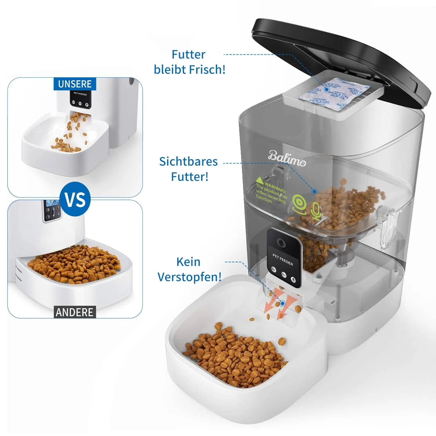 Balimo Distributore Automatico Cibo per Gatti e Cani, Telecamera 1080P, WiFi 2.4G, 4L, Controllo APP, Audio Bidirezionale, DU4L-VS - immagine 4