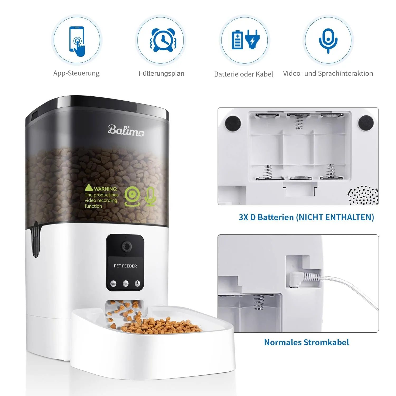 Balimo Distributore Automatico Cibo per Gatti e Cani, Telecamera 1080P, WiFi 2.4G, 4L, Controllo APP, Audio Bidirezionale, DU4L-VS - immagine 5