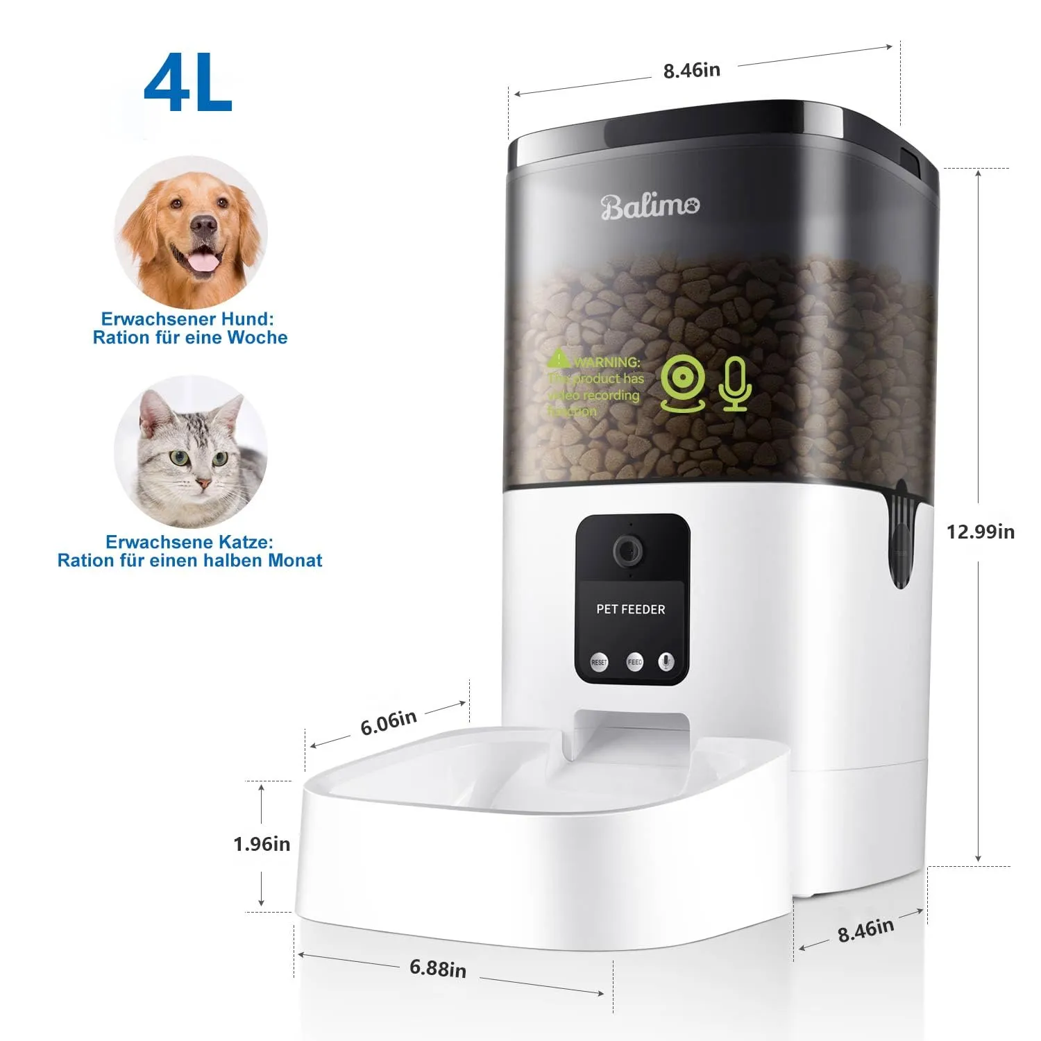 Balimo Distributore Automatico Cibo per Gatti e Cani, Telecamera 1080P, WiFi 2.4G, 4L, Controllo APP, Audio Bidirezionale, DU4L-VS - immagine 6