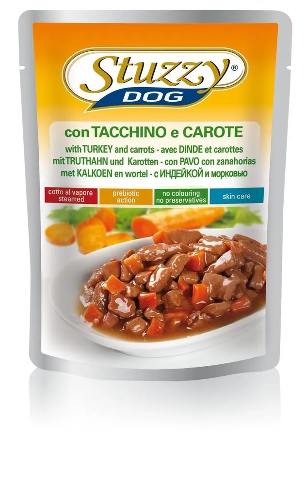 Stuzzy Cibo Umido per Cani Adulti con Tacchino e Carote, Bocconcini (24 Buste da 100g) - immagine 1