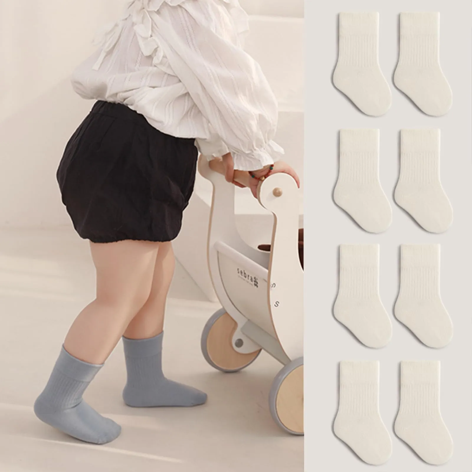 QIYIENDIAN Calzini in cotone elastici a colori solidi per bambini, 5 paia, Bianco, 3-5 anni - immagine 2
