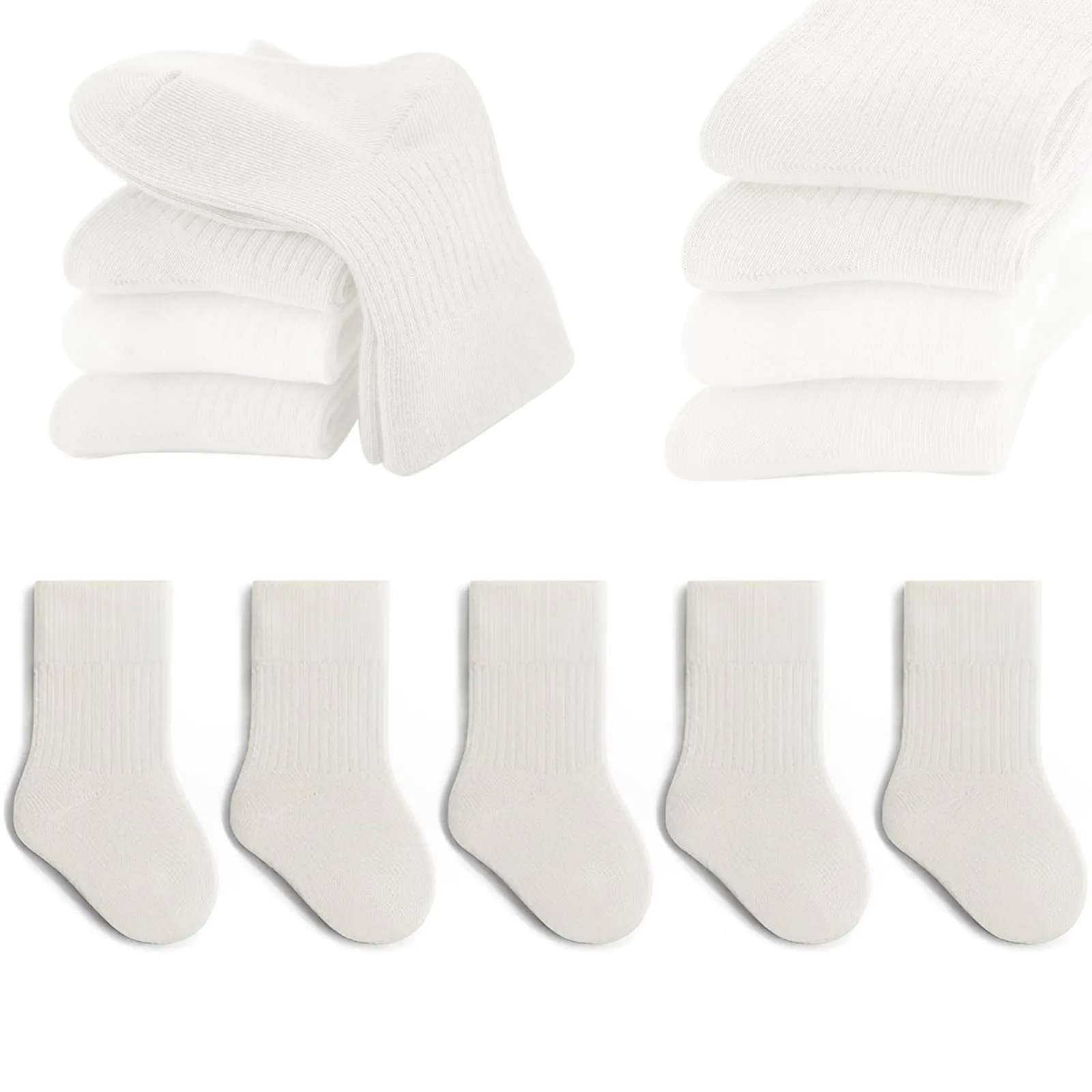 QIYIENDIAN Calzini in cotone elastici a colori solidi per bambini, 5 paia, Bianco, 6-12M - immagine 1