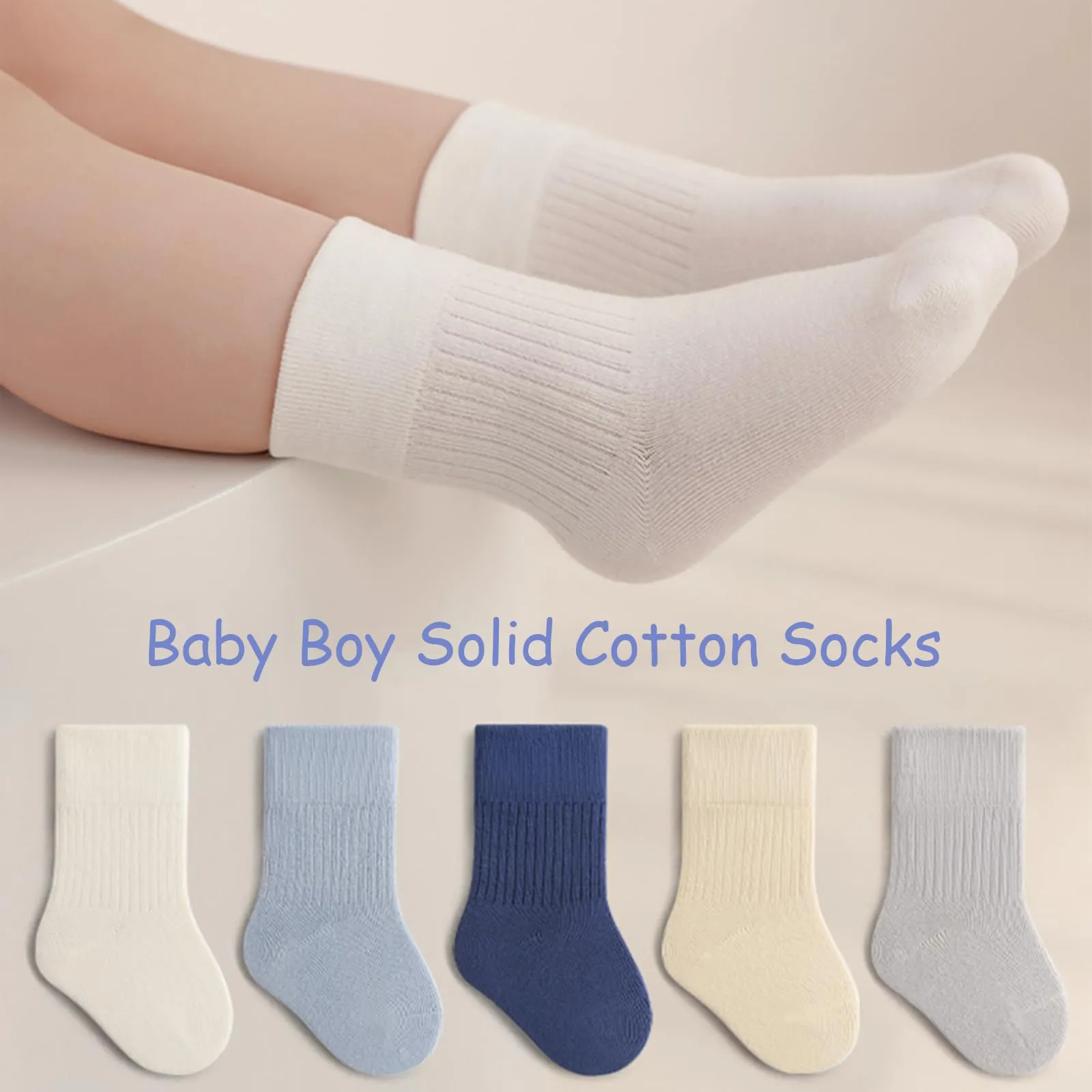 QIYIENDIAN Calzini in cotone elastici a colori solidi per bambini, 5 paia, Blu, 1-3 anni - immagine 2
