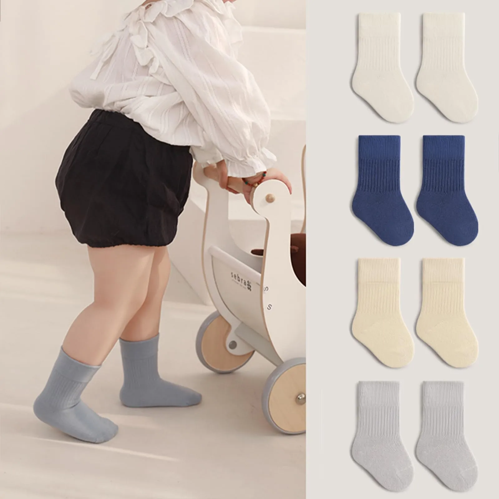 QIYIENDIAN Calzini in cotone elastici a colori solidi per bambini, 5 paia, Blu, 1-3 anni - immagine 6