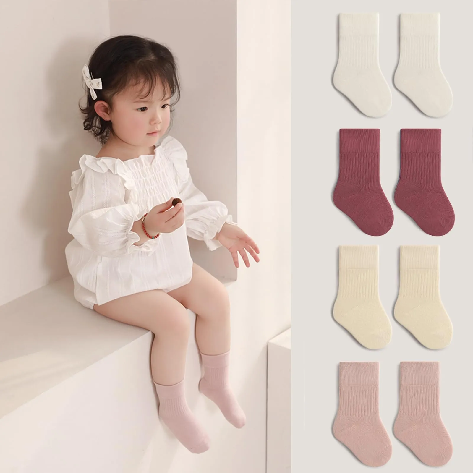 QIYIENDIAN Calzini in cotone elastici a tinta unita per bambini, 5 paia, Pink, 1-3Y - immagine 2