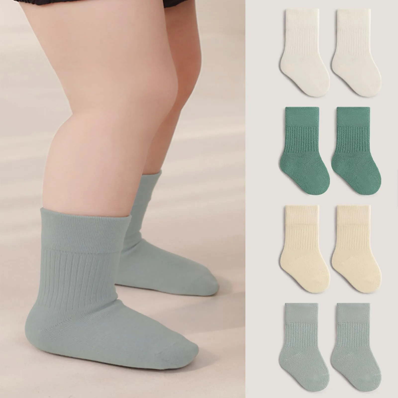 QIYIENDIAN Calzini in cotone per bambini, 5 paia, Colori solidi (Green, 1-3Y) - immagine 2