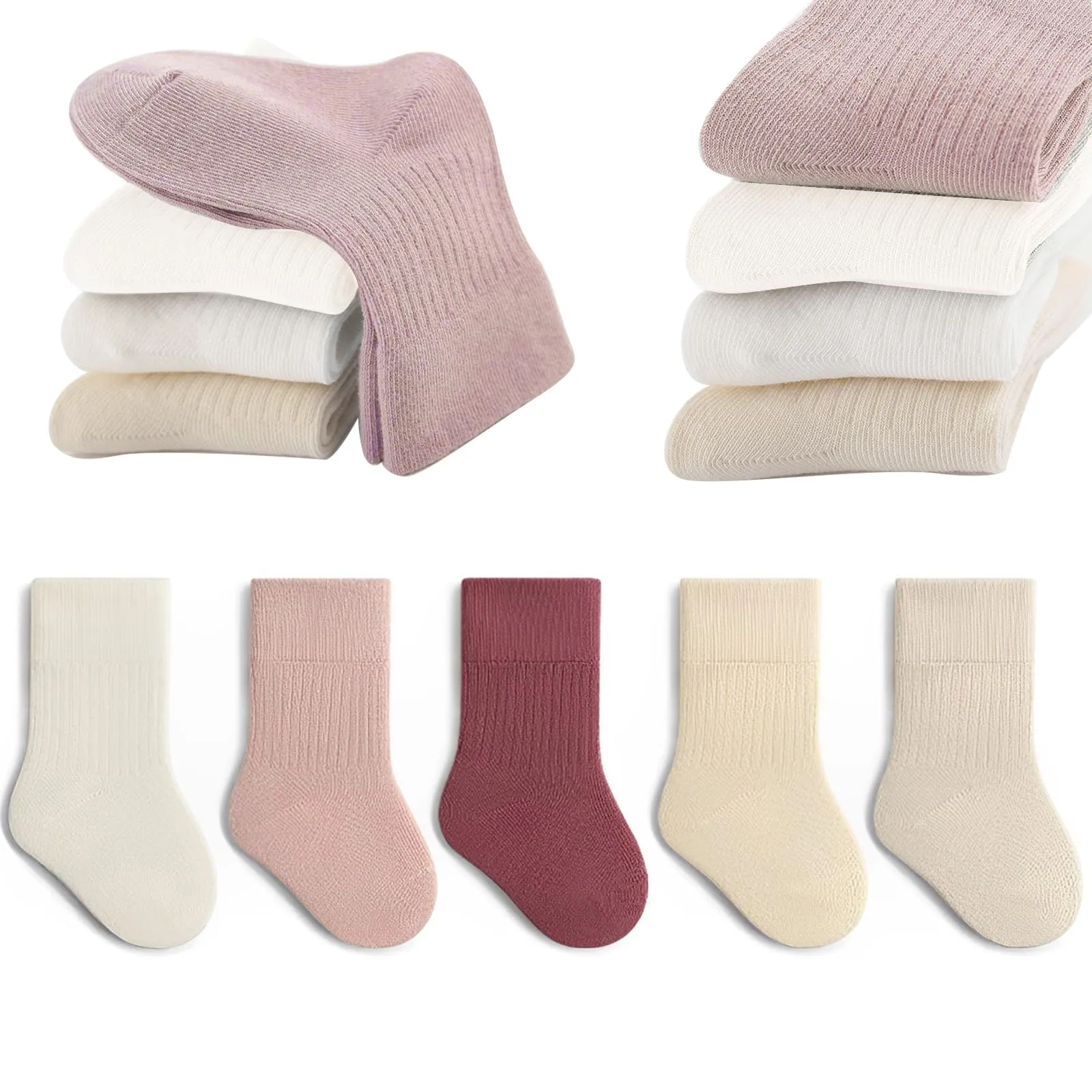 QIYIENDIAN Calzini in cotone elastici a colori solidi per bambini, 5 paia (Rosa, 6-12 mesi) - immagine 1