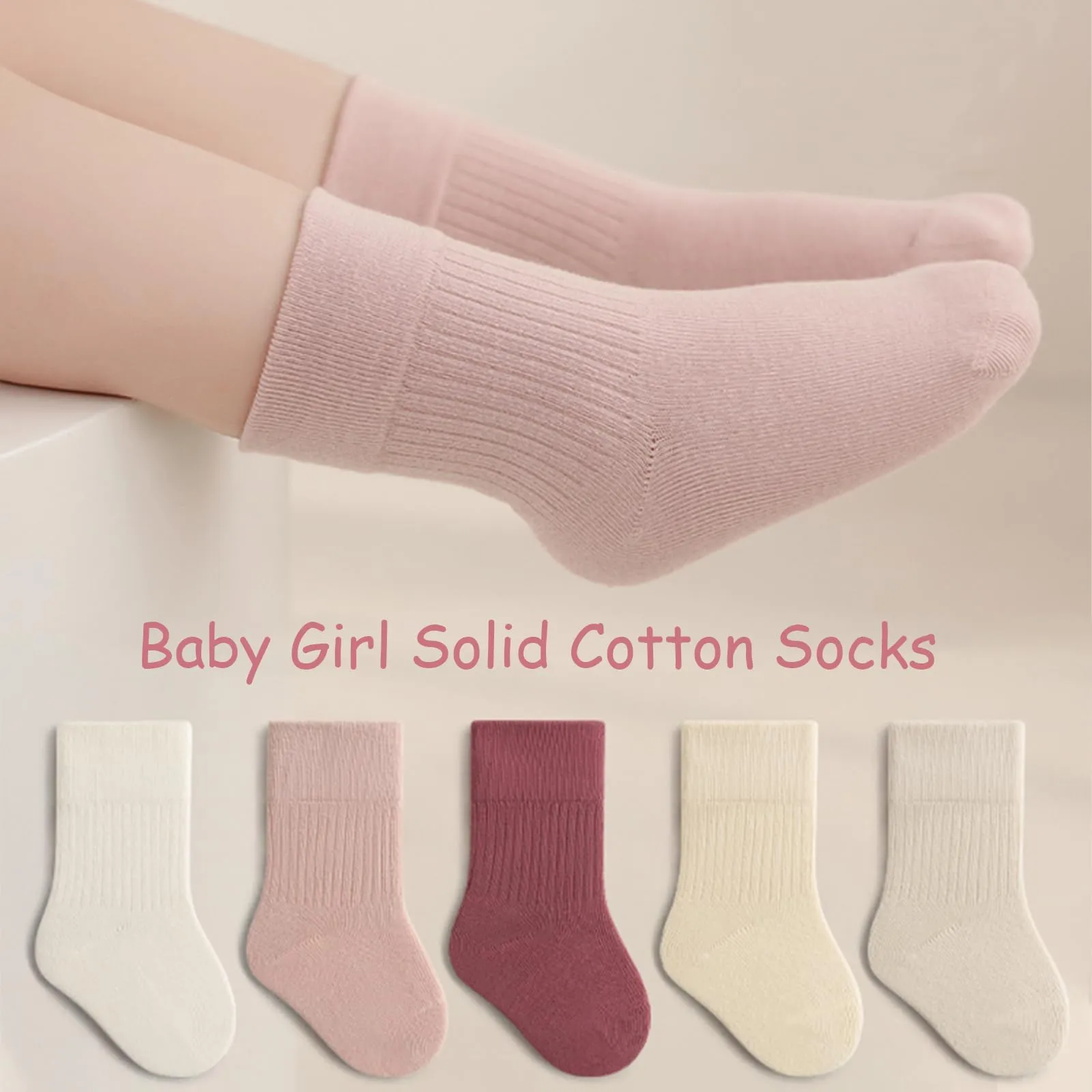 QIYIENDIAN Calzini in cotone elastici a colori solidi per bambini, 5 paia (Rosa, 6-12 mesi) - immagine 3