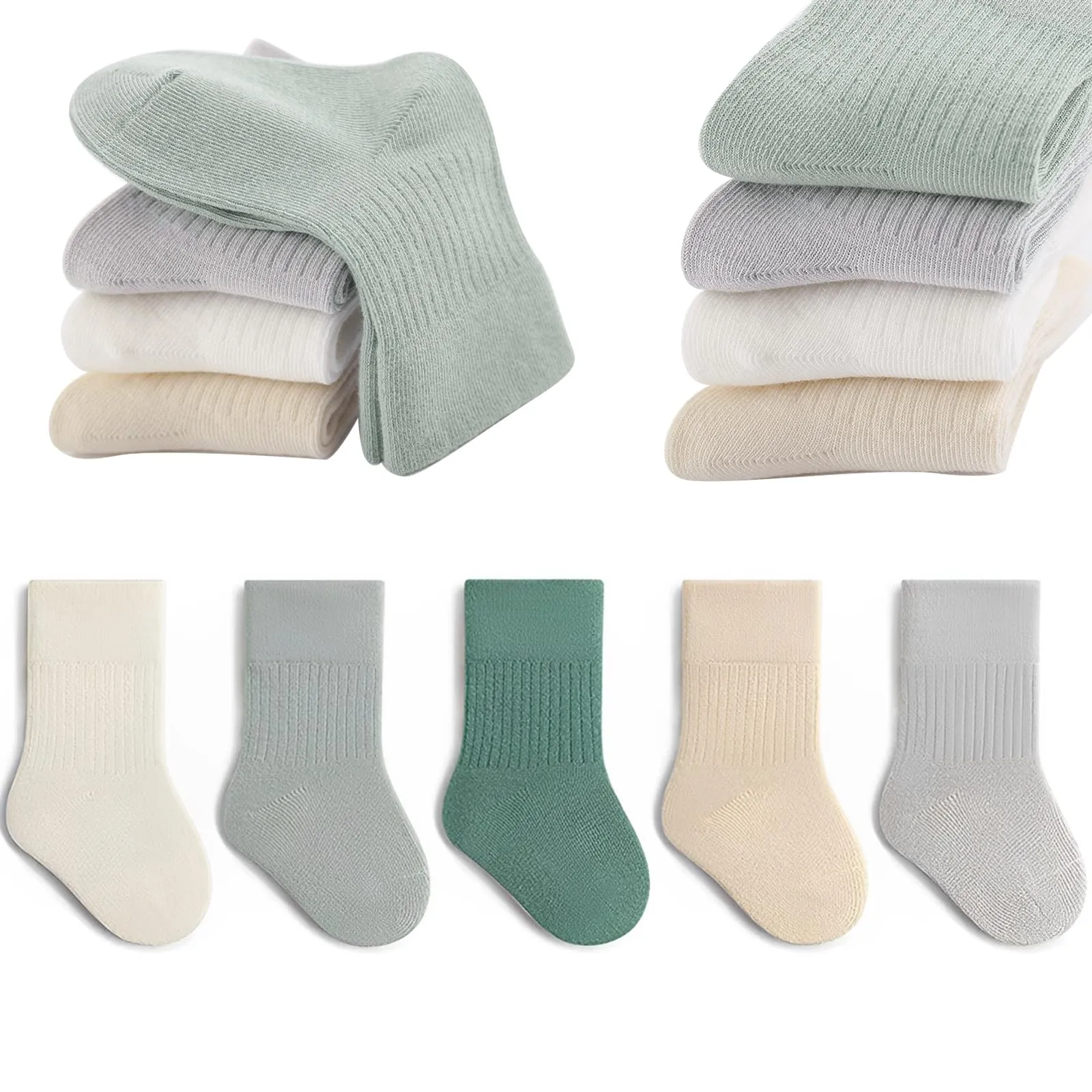 QIYIENDIAN Calzini in cotone per bambini, 5 paia, colori solidi (Green, 3-5Y) - immagine 1