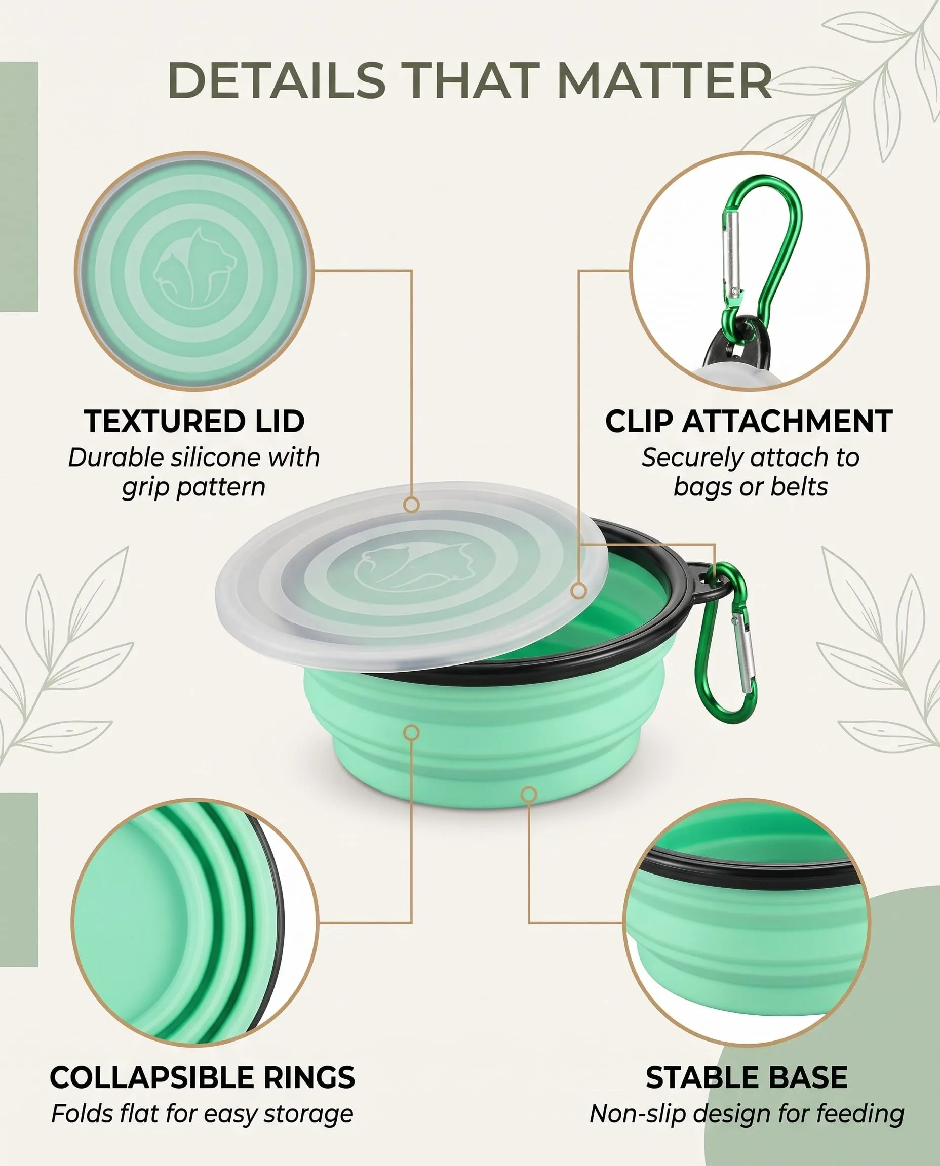 ZOKJSW Ciotola Pieghevole in Silicone Alimentare con Coperchio e Gancio, Verde Chiaro - immagine 6