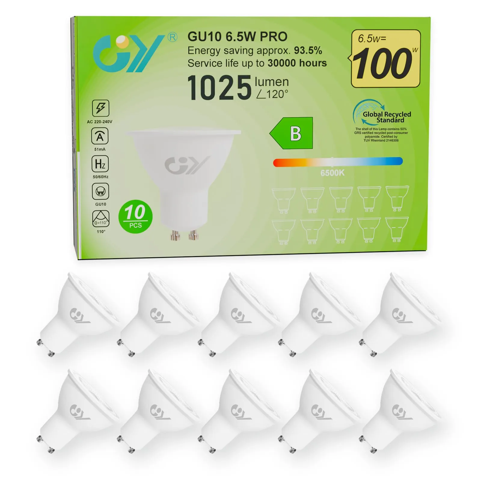 GY Lampadine GU10 LED 6.5W 1025 Lumen 6500K Bianco Freddo, Non Dimmerabile, 10 pezzi - immagine 1