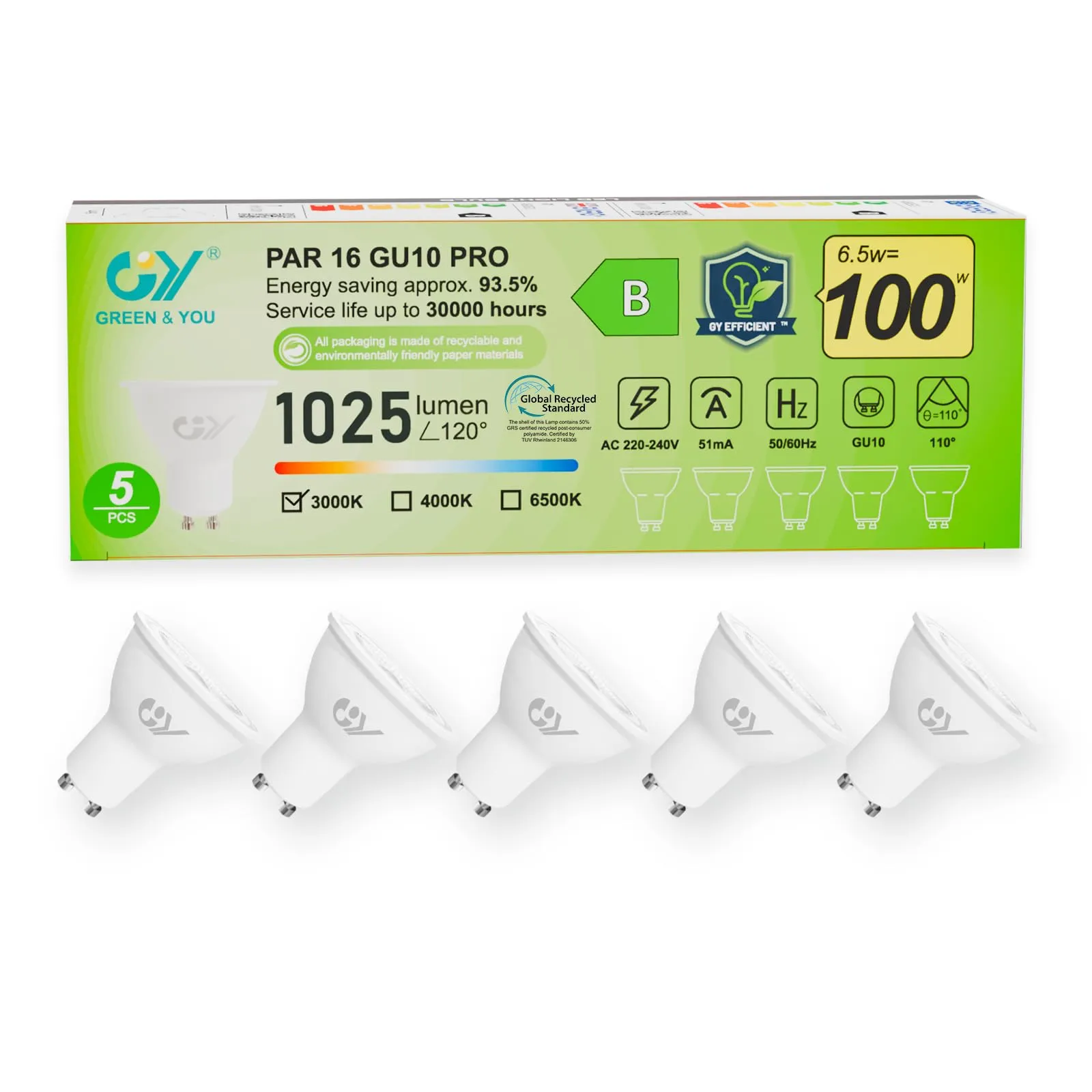 GY Lampadine GU10 LED, 6.5W, 1025 Lumen, 3000K Bianco Caldo, Non Dimmerabile, 5 pezzi - immagine 1