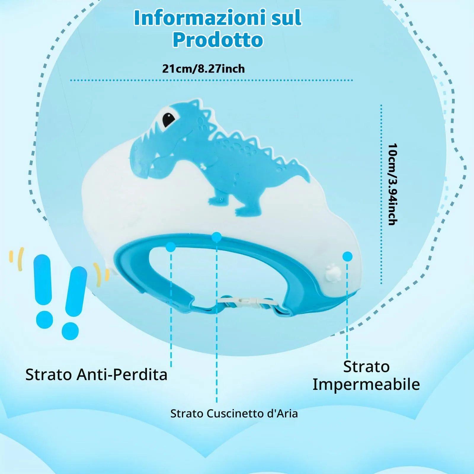 Romon Cappello Doccia per Bambini in Silicone Regolabile, Dinosauro Blu - immagine 2