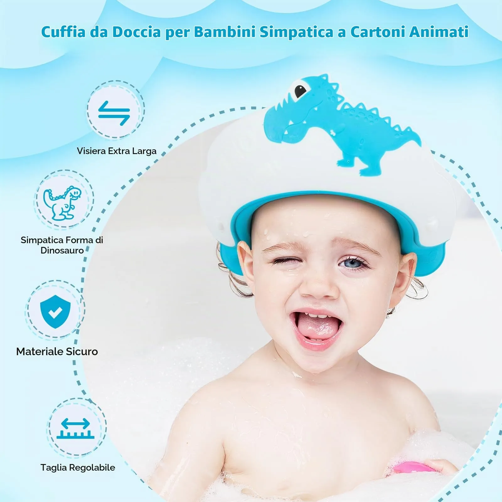 Romon Cappello Doccia per Bambini in Silicone Regolabile, Dinosauro Blu - immagine 3