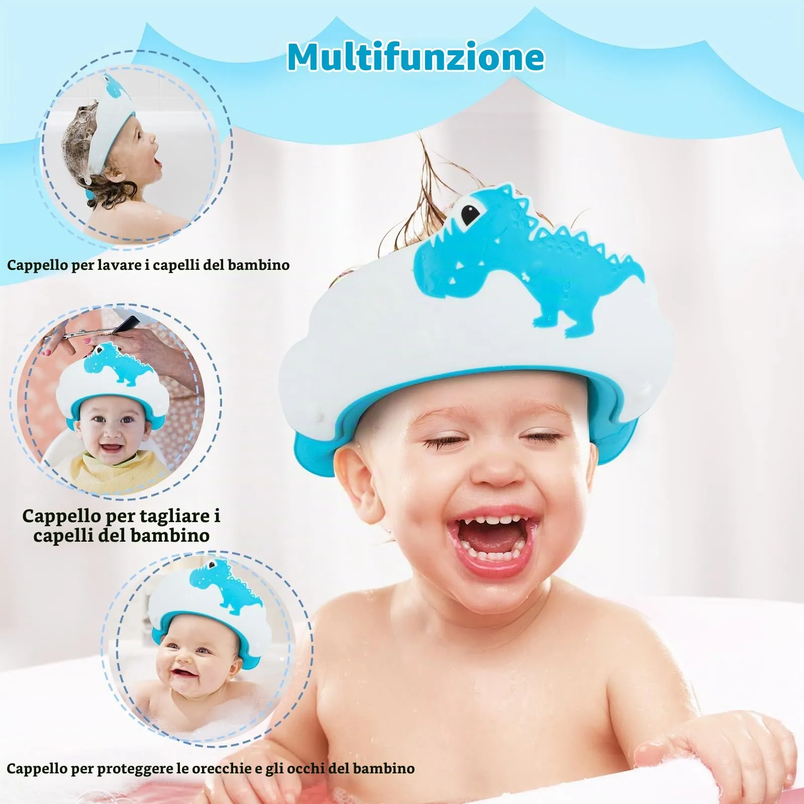 Romon Cappello Doccia per Bambini in Silicone Regolabile, Dinosauro Blu - immagine 4
