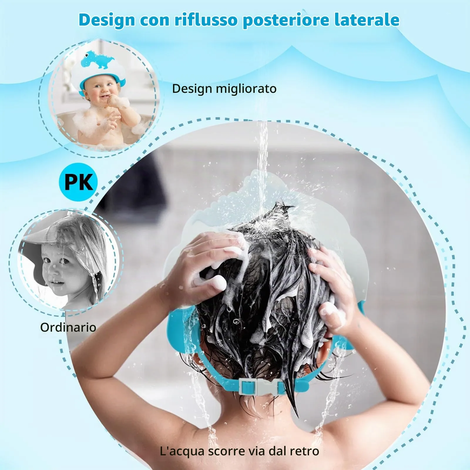 Romon Cappello Doccia per Bambini in Silicone Regolabile, Dinosauro Blu - immagine 5