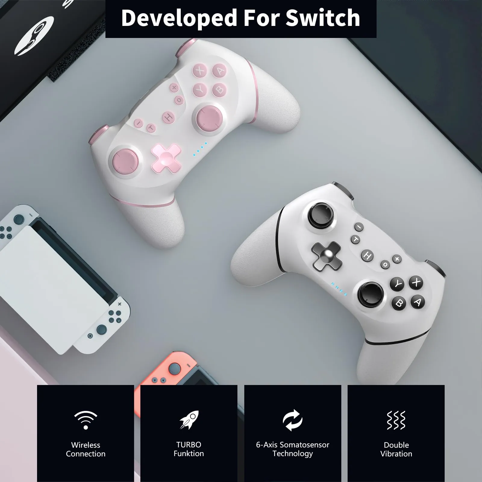 AceGamer Wireless Controller for Switch, Switch Lite, OLED, and PC (2-Pack, Pink and White) - immagine 6