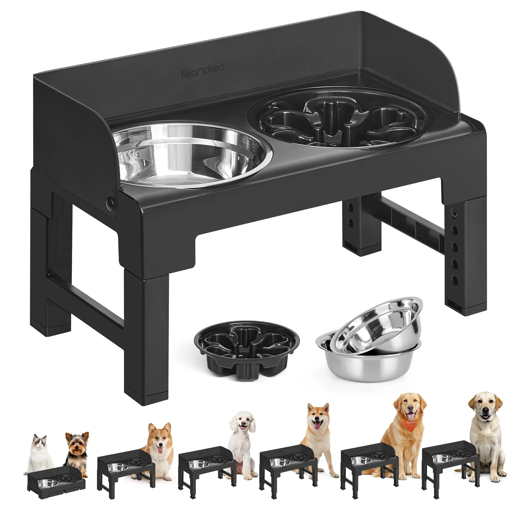 Feandrea Ciotole Rialzate per Cani con Supporto Regolabile, 2 Ciotole in Acciaio Inox 304 e 1 Ciotola Slow Feeder, Nero Inchiostro PRB103B01 - immagine 1