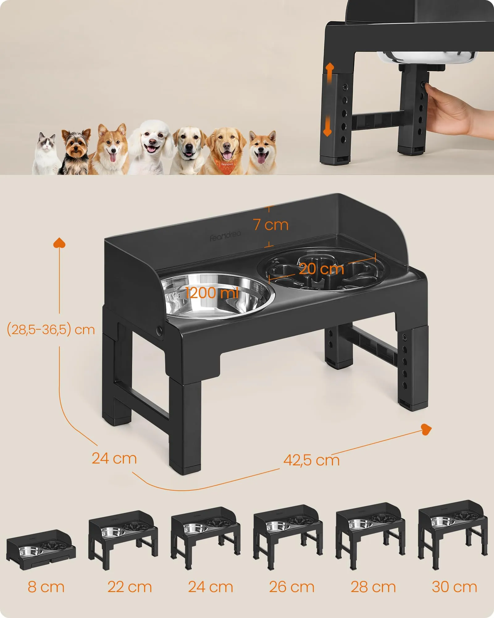 Feandrea Ciotole Rialzate per Cani con Supporto Regolabile, 2 Ciotole in Acciaio Inox 304 e 1 Ciotola Slow Feeder, Nero Inchiostro PRB103B01 - immagine 3