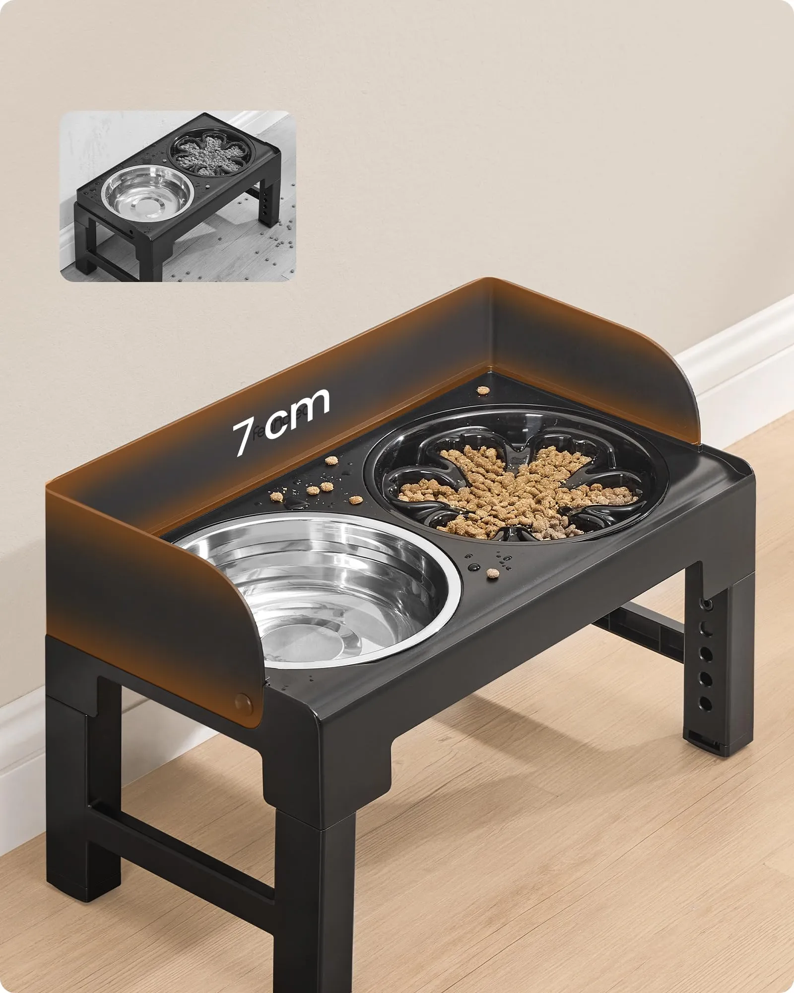 Feandrea Ciotole Rialzate per Cani con Supporto Regolabile, 2 Ciotole in Acciaio Inox 304 e 1 Ciotola Slow Feeder, Nero Inchiostro PRB103B01 - immagine 4