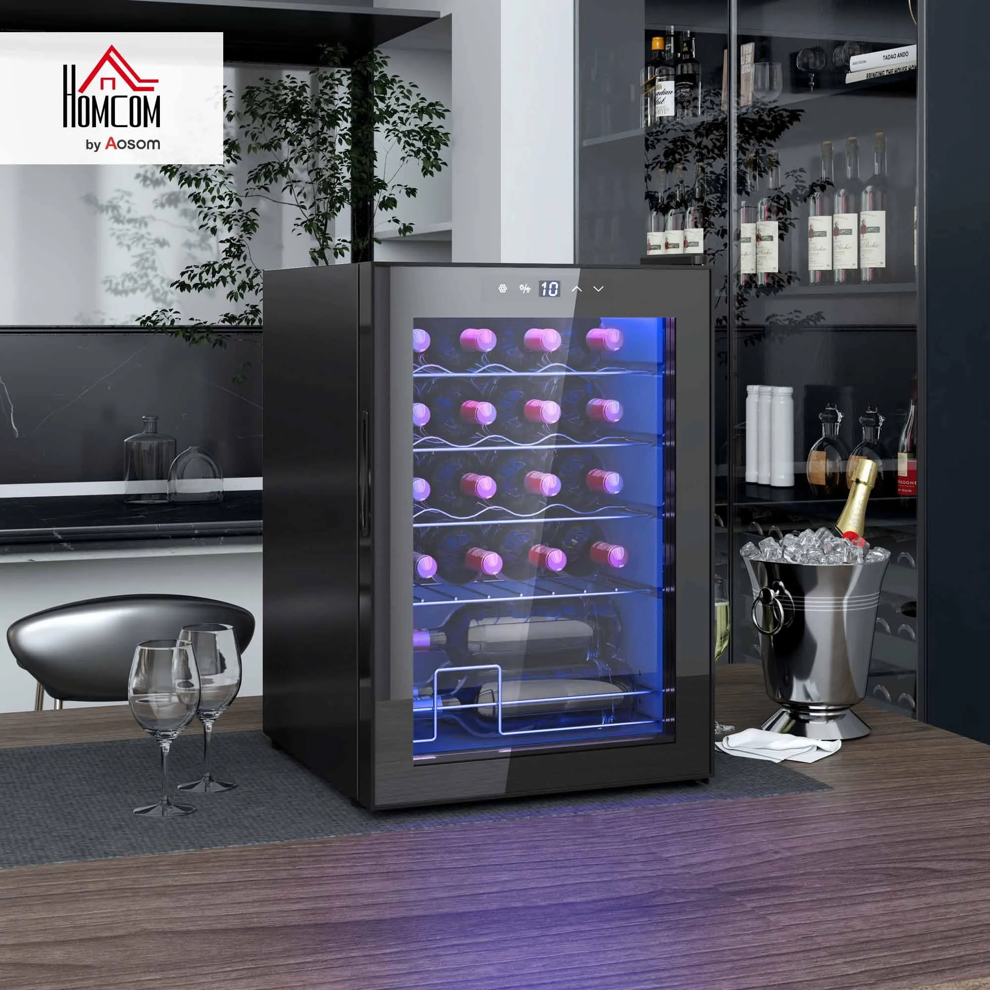 HOMCOM Cantinetta Vino Refrigerata 20 Bottiglie 53L 5-18℃, Luci LED, Nero - immagine 2