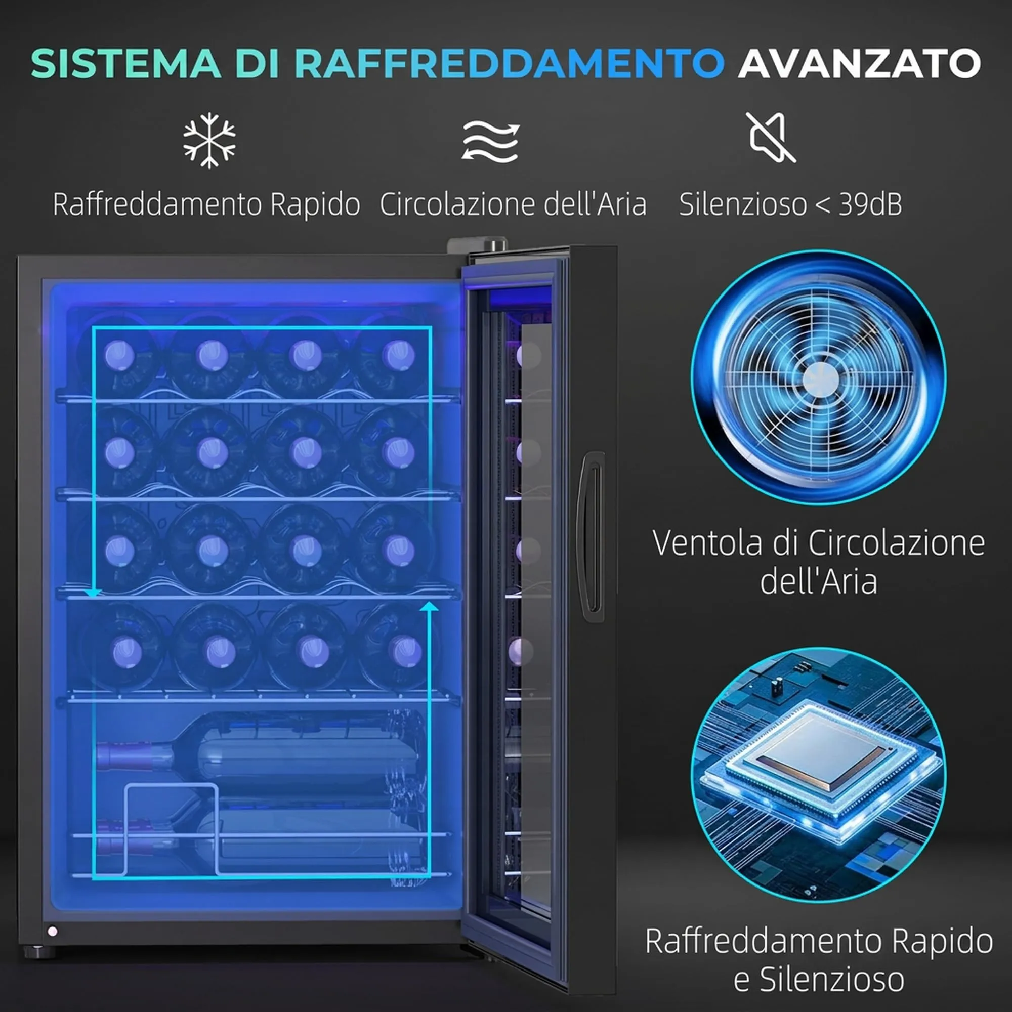 HOMCOM Cantinetta Vino Refrigerata 20 Bottiglie 53L 5-18℃, Luci LED, Nero - immagine 3