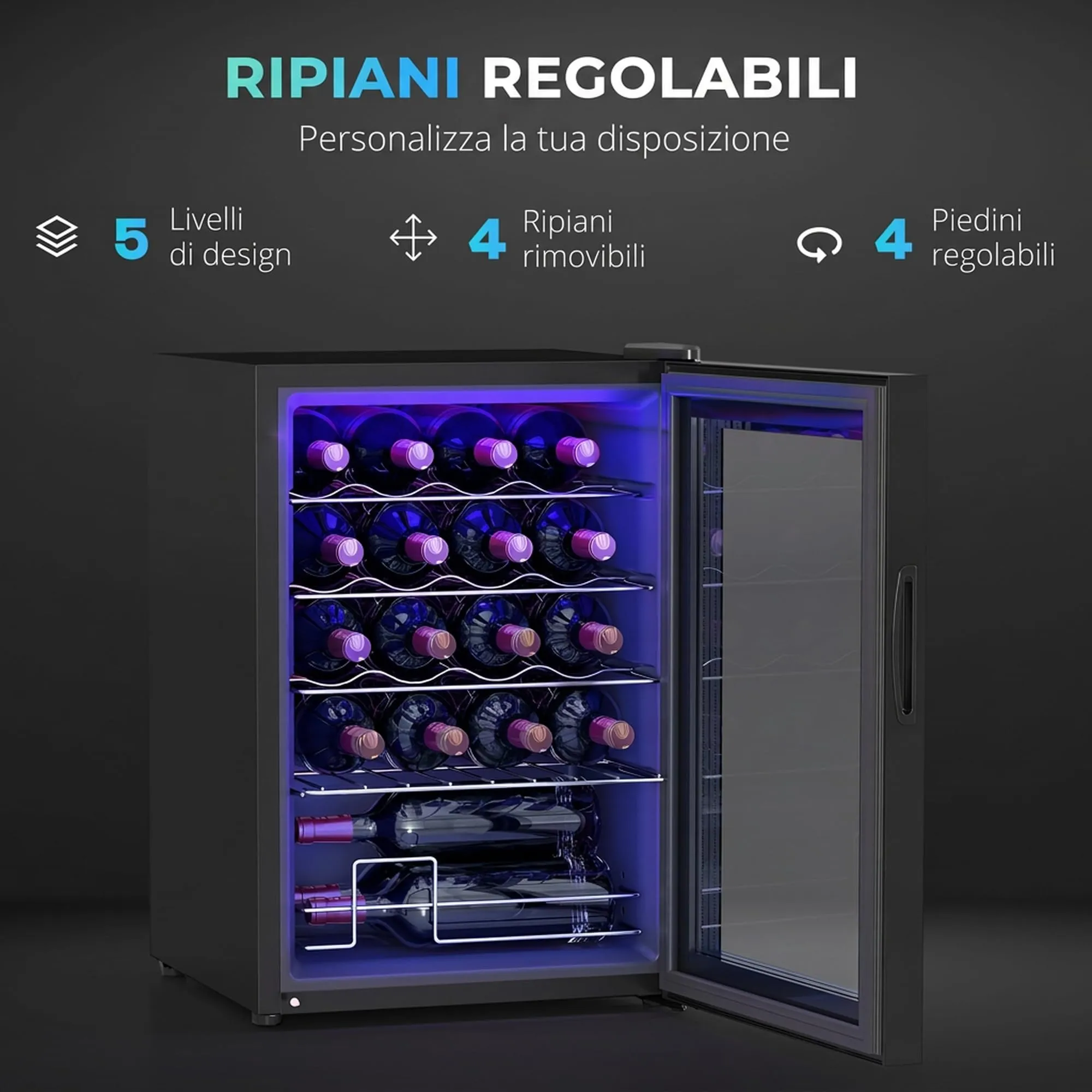 HOMCOM Cantinetta Vino Refrigerata 20 Bottiglie 53L 5-18℃, Luci LED, Nero - immagine 5