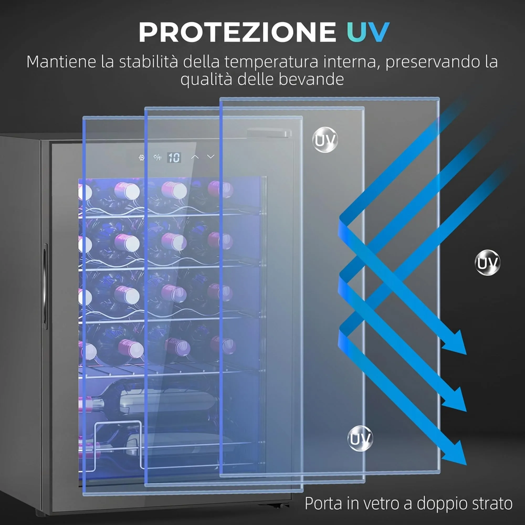 HOMCOM Cantinetta Vino Refrigerata 20 Bottiglie 53L 5-18℃, Luci LED, Nero - immagine 7
