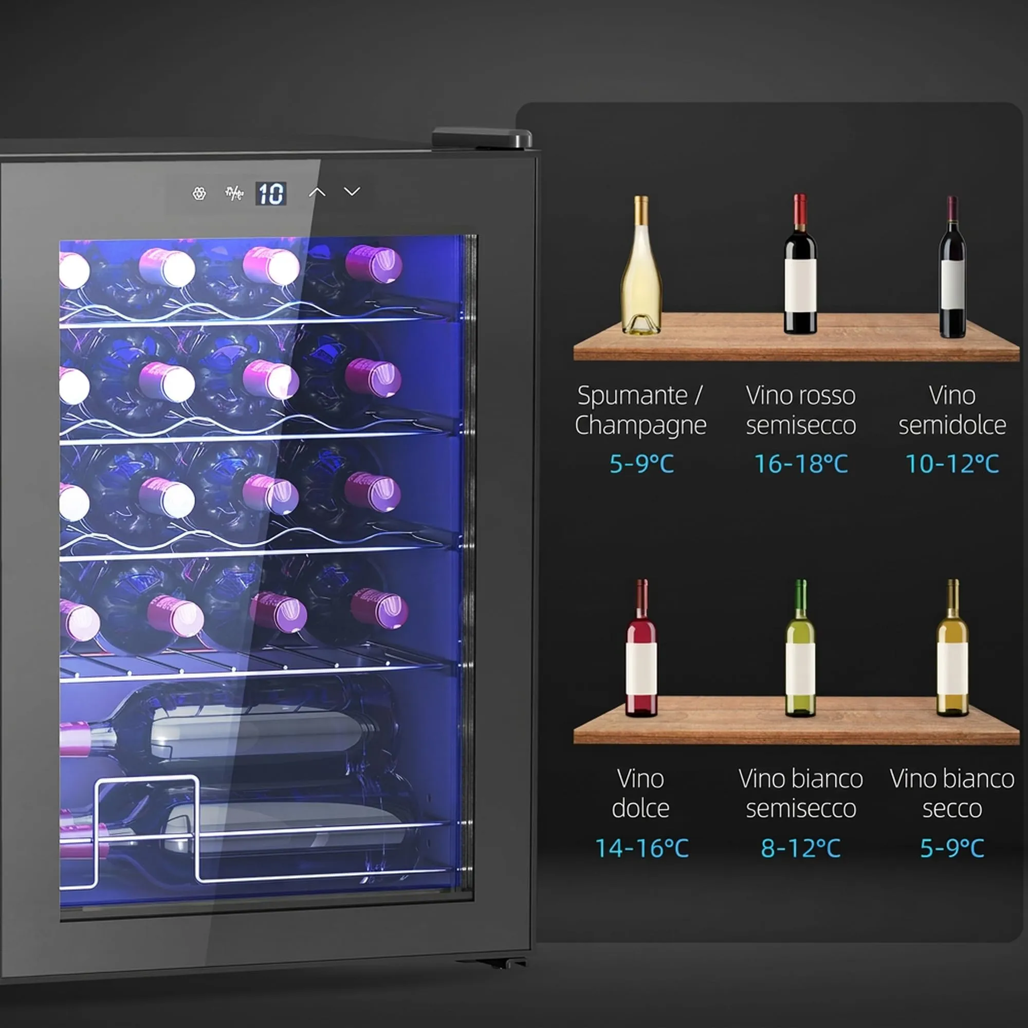 HOMCOM Cantinetta Vino Refrigerata 20 Bottiglie 53L 5-18℃, Luci LED, Nero - immagine 8