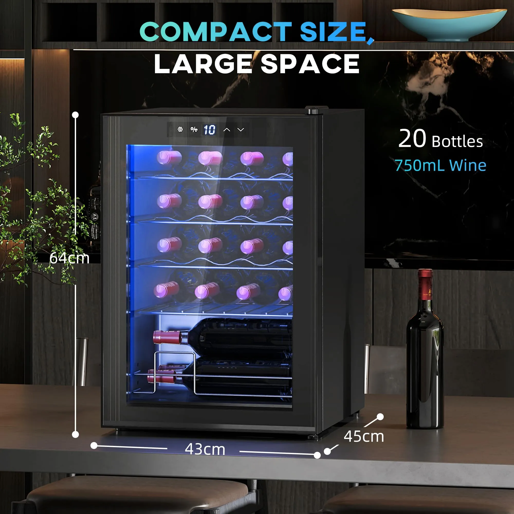 HOMCOM Cantinetta Vino Refrigerata 20 Bottiglie 53L 5-18℃, Luci LED, Nero - immagine 9