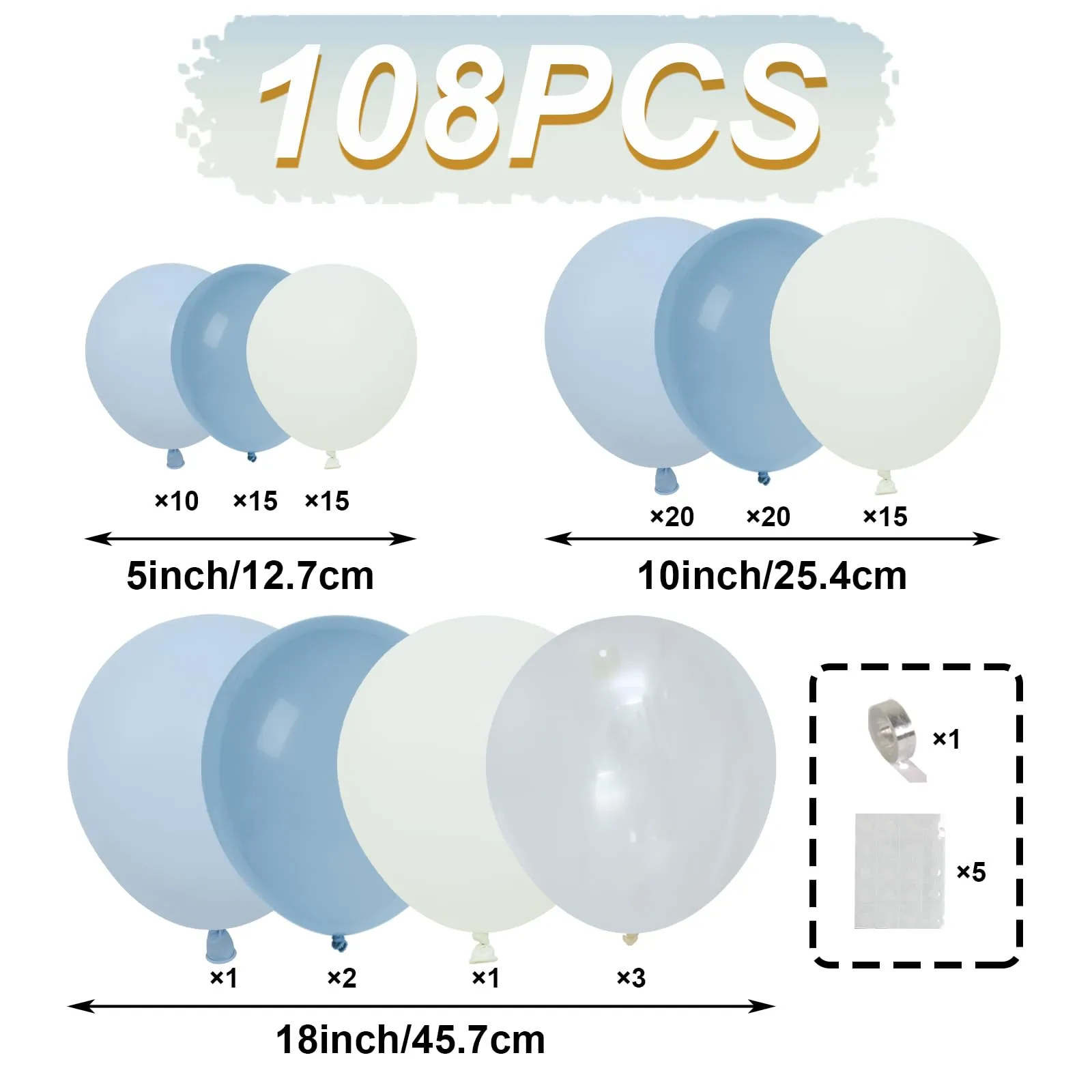 Balloon Garland Kit Arco di Palloncini Blu Polveroso, Azzurri, Bianchi e Trasparenti, 108 Pezzi - immagine 2
