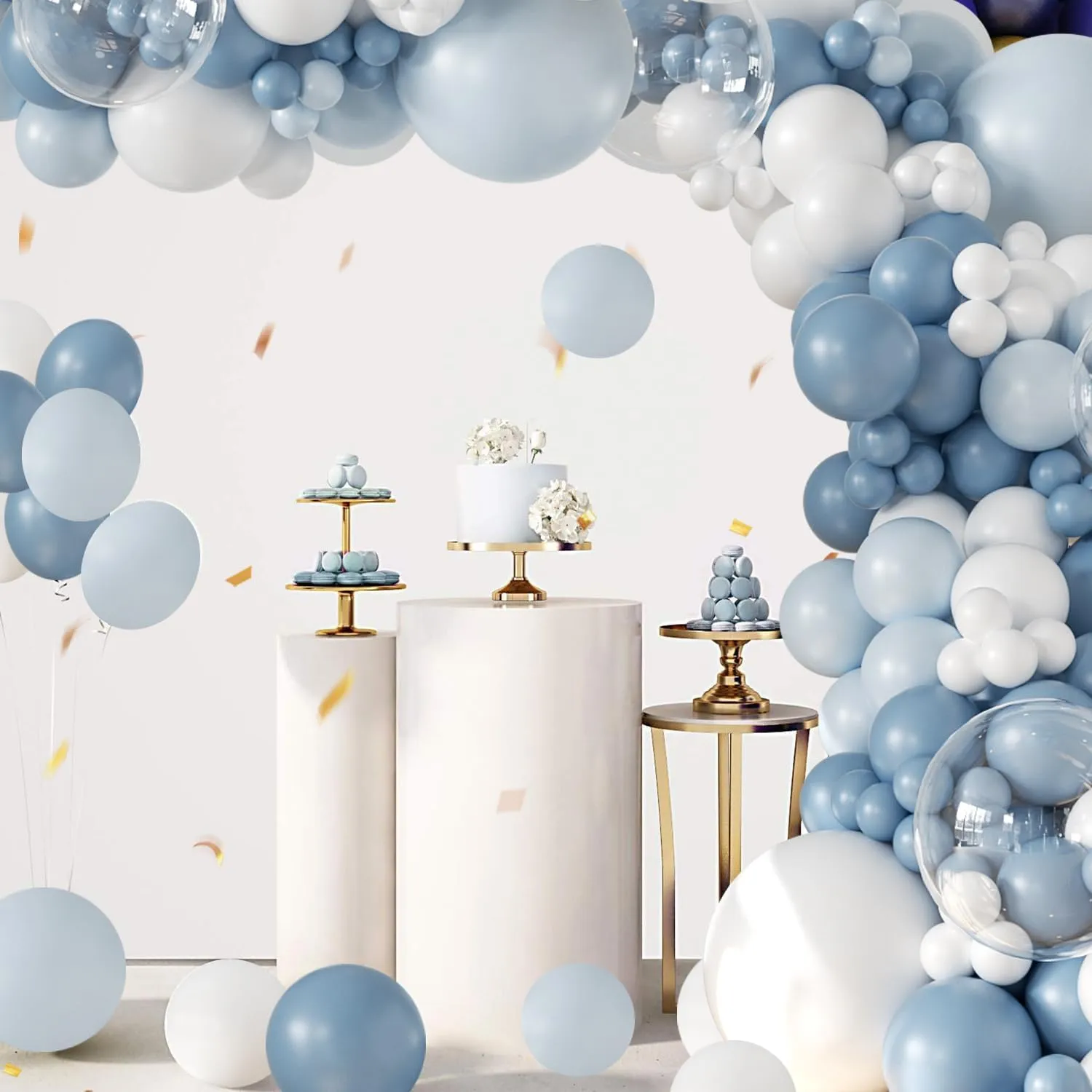 Balloon Garland Kit Arco di Palloncini Blu Polveroso, Azzurri, Bianchi e Trasparenti, 108 Pezzi - immagine 3