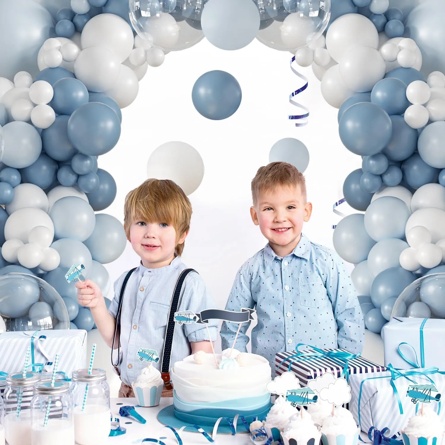 Balloon Garland Kit Arco di Palloncini Blu Polveroso, Azzurri, Bianchi e Trasparenti, 108 Pezzi - immagine 4