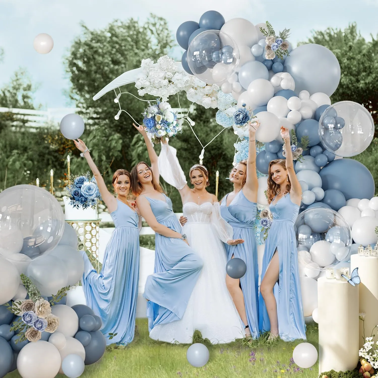 Balloon Garland Kit Arco di Palloncini Blu Polveroso, Azzurri, Bianchi e Trasparenti, 108 Pezzi - immagine 6