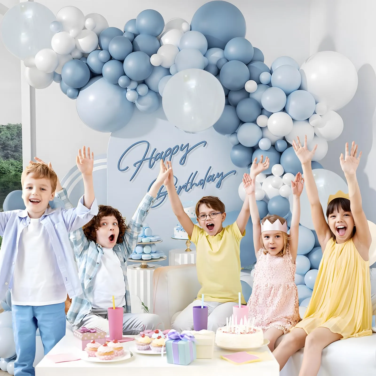 Balloon Garland Kit Arco di Palloncini Blu Polveroso, Azzurri, Bianchi e Trasparenti, 108 Pezzi - immagine 7