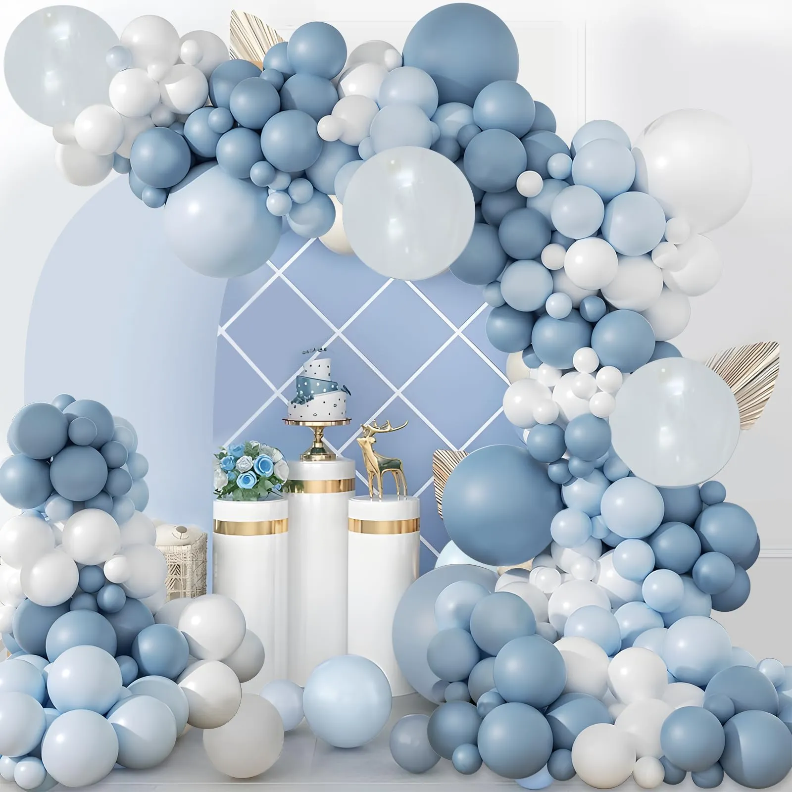 Balloon Garland Kit Arco di Palloncini Blu Polveroso, Azzurri, Bianchi e Trasparenti, 108 Pezzi - immagine 8